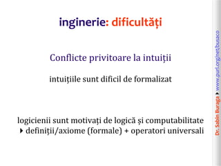 Dr.SabinBuragawww.purl.org/net/busaco
inginerie: dificultăți
Conflicte privitoare la intuiții
intuițiile sunt dificil de formalizat
logicienii sunt motivați de logică și computabilitate
definiții/axiome (formale) + operatori universali
 