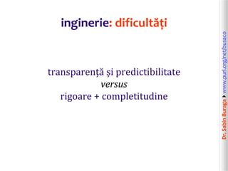 Dr.SabinBuragawww.purl.org/net/busaco
inginerie: dificultăți
transparență și predictibilitate
versus
rigoare + completitudine
 