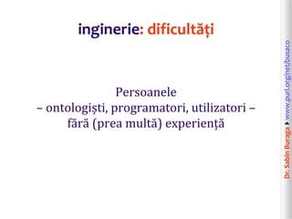Dr.SabinBuragawww.purl.org/net/busaco
inginerie: dificultăți
Persoanele
– ontologiști, programatori, utilizatori –
fără (prea multă) experiență
 