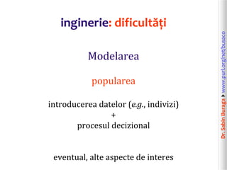 Dr.SabinBuragawww.purl.org/net/busaco
inginerie: dificultăți
Modelarea
popularea
introducerea datelor (e.g., indivizi)
+
procesul decizional
eventual, alte aspecte de interes
 
