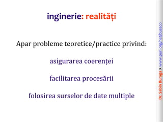 Dr.SabinBuragawww.purl.org/net/busaco
inginerie: realități
Apar probleme teoretice/practice privind:
asigurarea coerenței
facilitarea procesării
folosirea surselor de date multiple
 