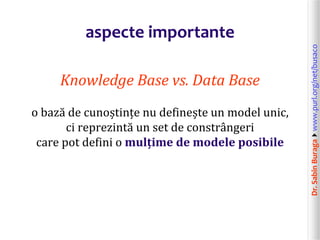Dr.SabinBuragawww.purl.org/net/busaco
aspecte importante
Knowledge Base vs. Data Base
o bază de cunoștințe nu definește un model unic,
ci reprezintă un set de constrângeri
care pot defini o mulțime de modele posibile
 