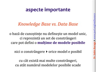 Dr.SabinBuragawww.purl.org/net/busaco
aspecte importante
Knowledge Base vs. Data Base
o bază de cunoștințe nu definește un model unic,
ci reprezintă un set de constrângeri
care pot defini o mulțime de modele posibile
nici o constrângereorice model e posibil
cu cât există mai multe constrângeri,
cu atât numărul modelelor posibile scade
 