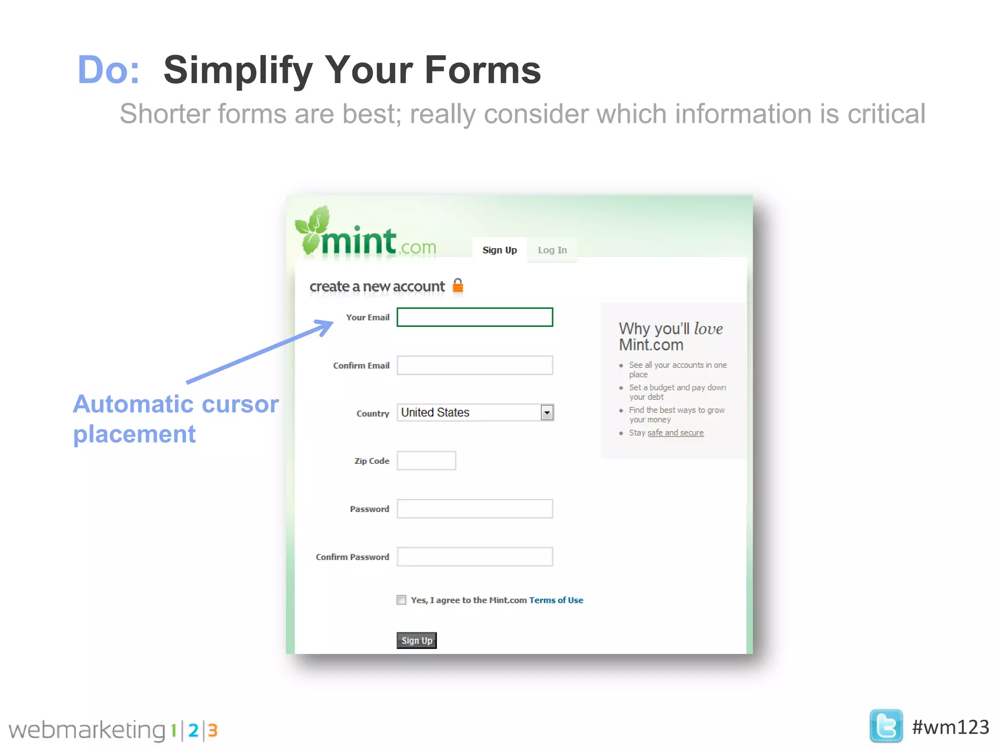 Do: Simplify Your Forms
   Shorter forms are best; really consider which information is critical




Automatic cursor
placement




                                                                      #wm123
 