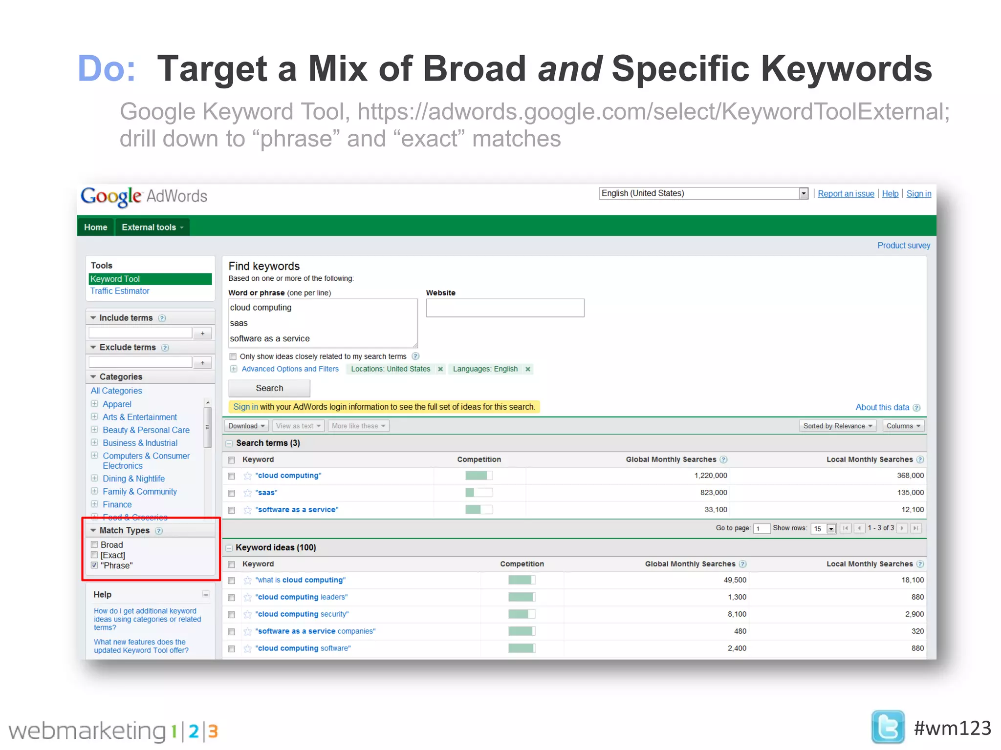 Do: Target a Mix of Broad and Specific Keywords
  Google Keyword Tool, https://adwords.google.com/select/KeywordToolExternal;
  drill down to “phrase” and “exact” matches




                                                                         #wm123
 