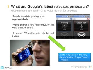 1 What are Google’s latest releases on search?
     Global mobile use has inspired Voice Search for desktops

     • Mobil...