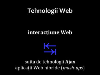 Dr.SabinBuragaprofs.info.uaic.ro/~busaco/
Tehnologii Web
interacțiune Web
↹suita de tehnologii Ajax
aplicații Web hibride (mash-ups)
 