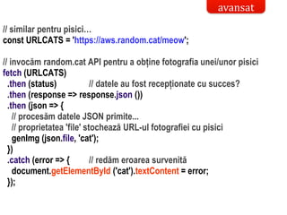 Dr.SabinBuragaprofs.info.uaic.ro/~busaco/
// similar pentru pisici…
const URLCATS = 'https://aws.random.cat/meow';
// invocăm random.cat API pentru a obține fotografia unei/unor pisici
fetch (URLCATS)
.then (status) // datele au fost recepționate cu succes?
.then (response => response.json ())
.then (json => {
// procesăm datele JSON primite...
// proprietatea 'file' stochează URL-ul fotografiei cu pisici
genImg (json.file, 'cat');
})
.catch (error => { // redăm eroarea survenită
document.getElementById ('cat').textContent = error;
});
avansat
 