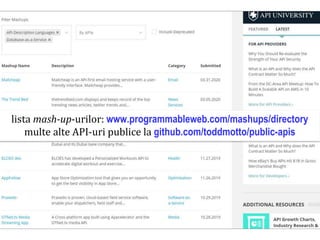 Dr.SabinBuragaprofs.info.uaic.ro/~busaco/
mash-ups
lista mash-up-urilor: www.programmableweb.com/mashups/directory
multe alte API-uri publice la github.com/toddmotto/public-apis
 