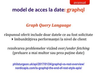 Dr.SabinBuragaprofs.info.uaic.ro/~busaco/
model de acces la date: graphql
Graph Query Language
răspunsul oferit include doar datele ce au fost solicitate
îmbunătățirea performanței la nivel de client
rezolvarea problemelor vizând over/under fetching
(preluare a mai multor sau prea puține date)
philsturgeon.uk/api/2017/01/24/graphql-vs-rest-overview/
nordicapis.com/is-graphql-the-end-of-rest-style-apis/
avansat
 