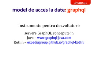Dr.SabinBuragaprofs.info.uaic.ro/~busaco/
model de acces la date: graphql
Instrumente pentru dezvoltatori:
servere GraphQL concepute în
Java – www.graphql-java.com
Kotlin – expediagroup.github.io/graphql-kotlin/
avansat
 