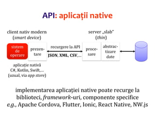 Dr.SabinBuragaprofs.info.uaic.ro/~busaco/
sistem
de
operare
prezen-
tare
proce-
sare
abstrac-
tizare
date
recurgere la API
JSON, XML, CSV,…
server „slab”
(thin)
client nativ modern
(smart device)
aplicație nativă
C#, Kotlin, Swift,…
(uzual, via app store)
implementarea aplicației native poate recurge la
biblioteci, framework-uri, componente specifice
e.g., Apache Cordova, Flutter, Ionic, React Native, NW.js
API: aplicații native
 