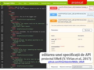 Dr.SabinBuragaprofs.info.uaic.ro/~busaco/
editarea unei specificații de API
proiectul UReR (V. Vîrlan et al., 2017)
github.com/VirlanValentin/WADe_UReR
avansat
 