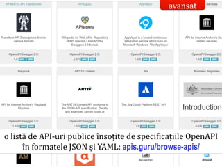 Dr.SabinBuragaprofs.info.uaic.ro/~busaco/
API: descriere abstractă
avansat
o listă de API-uri publice însoțite de specificațiile OpenAPI
în formatele JSON și YAML: apis.guru/browse-apis/
 