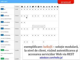 Dr.SabinBuragaprofs.info.uaic.ro/~busaco/
rest: dezvoltare – oauth
exemplificare: helloJS – soluție modulară,
la nivel de client, vizând autentificarea și
accesarea serviciilor Web via REST
adodson.com/hello.js/
avansat
 