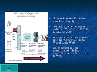 Se asocia estrechamente con Tim O'Reilly. Debido a la conferencia sobre la Web 2.0 de O'Reilly Media en 2004.  Aunque el término sugiere una nueva versión de la World Wide Web,  No se refiere a una actualización de las especificaciones técnicas de la web,  