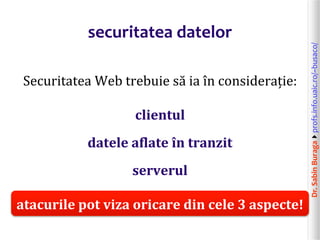 Dr.SabinBuragaprofs.info.uaic.ro/~busaco/
securitatea datelor
Securitatea Web trebuie să ia în considerație:
clientul
datele aflate în tranzit
serverul
atacurile pot viza oricare din cele 3 aspecte!
 