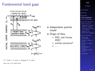 Trust
A. Savin
Introduction
Overview
Properties
From experiment
From calculations
Statistical indicators
Many indicators
Indicators can yield
diﬀerent ranking
When the mean has
no meaning
Indicators are
aﬀected by sampling
Human decisions
Living with
uncertainties
Accurate values or
trends
Domain of validity
Utility
Psychology of
decision
Publishing reliable
results
Conclusions
Fundamental band gaps
R. T. Poole, J. G. Jenkin, J. Liesegang, R. C. Leckey
Phys. Rev. B 11, 5679, 1975
Independent particle
model
Origin of data
PES, and inverse
PES?
exciton structure?
. . .
18 / 91
 