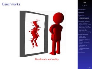 Trust
A. Savin
Introduction
Overview
Properties
From experiment
From calculations
Statistical indicators
Many indicators
Indicators can yield
diﬀerent ranking
When the mean has
no meaning
Indicators are
aﬀected by sampling
Human decisions
Living with
uncertainties
Accurate values or
trends
Domain of validity
Utility
Psychology of
decision
Publishing reliable
results
Conclusions
Benchmarks
Benchmark and reality
33 / 91
 