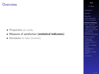 Trust
A. Savin
Introduction
Overview
Properties
From experiment
From calculations
Statistical indicators
Many indicators
Indicators can yield
diﬀerent ranking
When the mean has
no meaning
Indicators are
aﬀected by sampling
Human decisions
Living with
uncertainties
Accurate values or
trends
Domain of validity
Utility
Psychology of
decision
Publishing reliable
results
Conclusions
Overview
Properties we study
Measures of satisfaction (statistical indicators)
Decisions to take (human)
35 / 91
 
