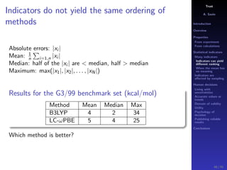 Trust
A. Savin
Introduction
Overview
Properties
From experiment
From calculations
Statistical indicators
Many indicators
Indicators can yield
diﬀerent ranking
When the mean has
no meaning
Indicators are
aﬀected by sampling
Human decisions
Living with
uncertainties
Accurate values or
trends
Domain of validity
Utility
Psychology of
decision
Publishing reliable
results
Conclusions
Indicators do not yield the same ordering of
methods
Absolute errors: |xi |
Mean: 1
n i=1,n |xi |
Median: half of the |xi | are < median, half > median
Maximum: max(|x1|, |x2|, . . . , |xN |)
Results for the G3/99 benchmark set (kcal/mol)
Method Mean Median Max
B3LYP 4 2 34
LC-ωPBE 5 4 25
Which method is better?
40 / 91
 