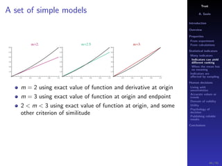 Trust
A. Savin
Introduction
Overview
Properties
From experiment
From calculations
Statistical indicators
Many indicators
Indicators can yield
diﬀerent ranking
When the mean has
no meaning
Indicators are
aﬀected by sampling
Human decisions
Living with
uncertainties
Accurate values or
trends
Domain of validity
Utility
Psychology of
decision
Publishing reliable
results
Conclusions
A set of simple models
m = 2 using exact value of function and derivative at origin
m = 3 using exact value of function at origin and endpoint
2 < m < 3 using exact value of function at origin, and some
other criterion of similitude
44 / 91
 