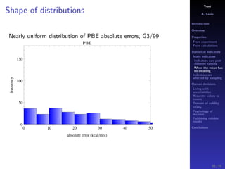 Trust
A. Savin
Introduction
Overview
Properties
From experiment
From calculations
Statistical indicators
Many indicators
Indicators can yield
diﬀerent ranking
When the mean has
no meaning
Indicators are
aﬀected by sampling
Human decisions
Living with
uncertainties
Accurate values or
trends
Domain of validity
Utility
Psychology of
decision
Publishing reliable
results
Conclusions
Shape of distributions
Nearly uniform distribution of PBE absolute errors, G3/99
0 10 20 30 40 50
0
50
100
150
absolute error kcal mol
frequency
PBE
50 / 91
 