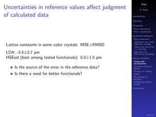 Trust
A. Savin
Introduction
Overview
Properties
From experiment
From calculations
Statistical indicators
Many indicators
Indicators can yield
diﬀerent ranking
When the mean has
no meaning
Indicators are
aﬀected by sampling
Human decisions
Living with
uncertainties
Accurate values or
trends
Domain of validity
Utility
Psychology of
decision
Publishing reliable
results
Conclusions
Uncertainties in reference values aﬀect judgment
of calculated data
Lattice constants in some cubic crystals: MSE±RMSD
LDA: -3.5±2.7 pm
HSEsol (best among tested functionals): 0.0±1.5 pm
Is the source of the error in the reference data?
Is there a need for better functionals?
64 / 91
 