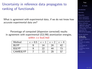 Trust
A. Savin
Introduction
Overview
Properties
From experiment
From calculations
Statistical indicators
Many indicators
Indicators can yield
diﬀerent ranking
When the mean has
no meaning
Indicators are
aﬀected by sampling
Human decisions
Living with
uncertainties
Accurate values or
trends
Domain of validity
Utility
Psychology of
decision
Publishing reliable
results
Conclusions
Uncertainty in reference data propagates to
ranking of functionals
What is agreement with experimental data, if we do not know how
accurate experimental data are?
Percentage of computed (dispersion corrected) results
in agreement with experimental (G3/99) atomization energies,
within ±x kcal/mol
Method x = 0.5 x = 1 x = 2 x = 4
BLYP 9 14 24 42
B3LYP 9 22 44 73
CAMB3LYP 7 13 29 57
65 / 91
 
