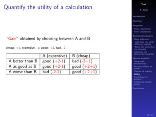 Trust
A. Savin
Introduction
Overview
Properties
From experiment
From calculations
Statistical indicators
Many indicators
Indicators can yield
diﬀerent ranking
When the mean has
no meaning
Indicators are
aﬀected by sampling
Human decisions
Living with
uncertainties
Accurate values or
trends
Domain of validity
Utility
Psychology of
decision
Publishing reliable
results
Conclusions
Quantify the utility of a calculation
“Gain” obtained by choosing between A and B
cheap: +1, expensive, -1; good: +2, bad, -2
A (expensive) B (cheap)
A better than B good (+2-1) bad (-2+1)
A as good as B good (+2-1) good (+2+1)
A worse than B bad (-2-1) good (+2+1)
78 / 91
 