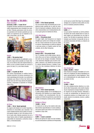 De 10.000 a 20.000€                                  Acolor                                                con los que ya cuenta Click Viaja. Sus principales
Viajes Carrefour                                     9.500 € / 30 m2 (local opcional)                      ventajas son su soporte de venta online y la crea-
Inversión: 2.000 € / Local: 20 m2                    Con una inversión algo más elevada que su com-        ción de novedosos productos turísticos.
El gigante Carrefour apuesta por las agencias de     petencia Acolor apuesta por la venta de cartu-
viajes independientes para consolidar una cade-      chos de impresora ecológicos. Además esta en-         Baby Sensory
na líder. Pretende posicionarse entre los prime-     seña comprometida con el medioambiente ofre-          6.000 € / –
ros operadores del mercado apostando por aso-        ce una gran gama de material de oficina.              Los que quieren emprender su carrera profesio-
ciados con experiencia que se implanten en lo-                                                             nal dentro del mundo infantil tienen en esta en-
cales comerciales a pie de calle.                    Activ Web Design                                      seña inglesa una oportunidad con una baja in-
                                                     9.995 € / No precisa local                            versión. Con 30 años de experiencia, ofrece ac-
                                                     De origen inglés, esta franquicia es un negocio       tividades que fomentan el desarrollo de las ca-
                                                     rentable que cuenta con la ventaja de no depen-       pacidades sensoriales del bebé y su relación con
                                                     der de un local comercial con lo que los costes       los padres.
                                                     se reducen. Especializados en diseño de páginas
                                                     e web para pymes, en España cuenta con tres
                                                     unidades, dos de ellas franquicias.

                                                     A Green Space
                                                     Desde 8.700 € / No precisa local
Imayin                                               Con 73 unidades, dos de ellas propias, esta en-
3.600 € / No precisa local                           seña ofrece una vía hacia el autoempleo dentro
Montar su propia agencia de publicidad y comu-       del sector de las energías renovables. Dedicada
nicación a bajo coste es posible con Imayin. Ade-    a dar soluciones integrales para el ahorro ener-
más, en los últimos años está implementando su       gético, asesoran a sus clientes de forma gratui-
oferta ya que la enseña apuesta por acercar la       ta, realizan estudios técnicos, e instalan y man-
pyme a la web 2.0 y a las redes sociales.            tienen los más novedosos sistemas de ahorro
                                                     energético.                                           Cero Grados Sur
Opencel                                                                                                    5.000 y 26.000 € / 50 m2
5.000 € / A partir de 70 m2                                                                                Esta empresa de energías renovables se ha cen-
Sus centros especializados en estética facial y                                                            trado en la instalación de placas fotovoltaicas en
corporal presumen de precios económicos y la                                                               naves aprovechando la nueva legislación. Tiene
mejor aparatología del mercado. Las condiciones                                                            en la individualización de cada proyecto una de
ventajosas que ofrece la firma han hecho que                                                               sus claves de éxito.
desde marzo de 2010 haya abierto 69 estableci-
mientos y empezado su expansión en Portugal,                                                               Dos Plata
Chile y Perú.                                                                                              12.000 € / 30 m2
                                                                                                           Con ocho establecimientos abiertos en un año,
                                                     SG2 Solutions                                         dos de ellos franquiciados, esta enseña impulsa-
                                                     2.500 € / 50 m2 (local opcional)                      da por empresarios de larga tradición en el sec-
                                                     Si usted prefiere trabajar con la tecnología de la    tor requiere de una baja inversión. Dedicados a
                                                     información, SG2 Solutions es un negocio dedica-      la venta de complementos se diferencia de la
                                                     do al software y las comunicaciones. Una pro-         competencia gracias a su imagen joven con un
                                                     puesta con 20 años de experiencia y que ahora da      amplio abanico de productos, precios y público
                                                     el salto a la franquicia. Cuenta con tres unidades.   consumidor.

                                                     Bodega La Pitarra
A4 Toner                                             10.000 € / 45 m2
7.500 € / 30 m2 (local opcional)                     En menos de un año ya han abierto siete esta-
Su negocio está basado en la venta mayorista y       blecimientos especializados en cocina andaluza.
minorista de consumibles para impresión. Con         Una buena opción para entrar en el mundo de la
cuatro establecimientos (tres de ellos en franqui-   hostelería a bajo coste.
cia) esperan ampliar su red a 40 puntos de ven-
ta en cuatro años. Además presumen de ser la         Click Viaja
mayor tienda online en España especializada en       5.995 € / Local a convenir
consumibles de impresoras y cartuchos compa-         Montar una agencia de viajes no es tan complica-
tibles y remanufacturados.                           do, así lo demuestran la veintena de franquiciados


ENERO 2011 • Nº 168                                                                                                                                      33
 