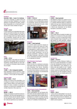 BodaNova                                              Metroestética                                        Moments
Inversión: 7.900 € / Local: 12 m2 (oficina)           12.500 € / 25-30 m2                                  14.500 € / (local opcional)
¿Por qué no emprender un negocio dentro del           Si busca una cadena de estética con tratamien-       Esta plataforma conjuga ocio y negocio en el en-
mundo de las bodas? BodaNova es una revista           tos novedosos, la red de Metroestética propone       torno editorial. Si quiere convertirse en periodis-
dedicada a la organización de bodas y eventos.        la corneoterapia –técnica que previene el enve-      ta y publicista, Moments plantea un paquete de
Busca franquiciados con un fuerte perfil comer-       jecimiento y las alteraciones de la piel– y trata-   medios en los que sacar rendimiento económico
cial para abrir nuevas unidades de negocio.           mientos alternativos a la cirugía.                   a la publicidad. Combina prensa escrita gratuita
                                                                                                           e Internet para relacionarse con los lectores,
Sensapil                                                                                                   suscriptores, anunciantes y usuarios.
18.600 € / 30 m2
Si quiere apostar por el autoempleo bajo el para-                                                          Zero Pelo
guas de una enseña de estética low cost, Sensa-                                                            18.081 € / 50 m2
pil ofrece un atractivo paquete, que incluye la                                                            Con la amplia oferta de enseñas de estética que
opción de trabajar desde casa. Además apuesta                                                              proliferan en el mercado Zero Pelo quiere facilitar
por el cobranding –acuerdos entre uno o más                                                                la entrada a su red con su propia línea de finan-
negocios que no son competencia– para reforzar                                                             ciación. El paquete incluye un equipo IPL (Luz Pul-
su oferta de servicios.                                                                                    sada Intensa) de cuarta generación, mobiliario,
                                                      Crescenda                                            software, formación y la decoración de la clínica.
                                                      12.000 € / (local opcional)
                                                      Es la primera cadena nacional de asesores en
                                                      franquicia y, en solo un año, cuenta con 23 dele-
                                                      gaciones. El modelo de negocio consiste en una
                                                      red especializada en prestar apoyo y asesora-
                                                      miento a todos aquellos emprendedores e inver-
                                                      sores que deseen incorporarse a una red de
                                                      franquicia ayudándoles a identificar el negocio
                                                      más sólido y adecuado a cada perfil en función
Refan                                                 de sus características personales, profesionales
14.900 € / 20 m2                                      y a su capacidad de inversión.                       Top Nails One
De origen búlgaro, esta enseña con 20 años de                                                              19.500 € / 16-25 m2
experiencia a sus espaldas, fabrica perfumes de       Unión Alimentaria Food España                        Perteneciente al grupo Biothecare Estétika se
equivalencia, también llamados de marca blan-         15.000 € / +50 m2                                    trata de una enseña especializada en el cuidado
ca. Ya cuenta con 50 tiendas en todo el mundo y       Dentro del sector de la distribución alimentaria     de las uñas, diseñada para funcionar como fran-
tres en España.                                       esta enseña cuenta con varias líneas de negocio      quicia independiente o para integrarla en sus
                                                      como Alimentaria Food Service, Alimentaria           centros como valor añadido. En sus 17 estable-
Rec Line                                              Gourmet y Gran Reserva de Restauración. Entre        cimientos –15 de ellos franquiciados– utilizan el
13.000 € / +35 m2 (despacho incluido)                 sus puntos fuertes destacan su servicio de cate-     exclusivo sistema de trabajo Nails System Fast,
Estos mayoristas en venta de cartuchos y consu-       ring temático especializado o la personalización     importado de EE. UU. Para completar su oferta, la
mibles informáticos presumen de sus 12 estable-       de sus vinos para el cliente.                        firma ofrece además una completa gama de tra-
cimientos, 11 de los cuales son franquiciados.                                                             tamientos de pedicura.

Cartucho Outlet
5000 a 15.000 € / 15 m2
También en el sector de los consumibles, y con
la ventaja de no requerir un local comercial muy
amplio, Cartucho Outlet es una enseña especia-
lizada en la venta y reciclado de cartuchos de
impresora y de todo tipo de materiales para el
reciclaje (maquinaria, tintas, papel, etc.).
                                                      Best de España Cuentos Personalizados
Dekkan                                                3.000 € / (local opcional)                           Depidel
80.000 € / +80 m2                                     ¿Quiere autoemplearse con una franquicia dife-       19.976 € / 40 m2
Trabajar con animales es el sueño de muchos em-       rente dentro del sector editorial? Ideado como un    “Luchar contra la estacionalidad” es lo que per-
prendedores. Esta firma está especializada en to-     negocio complementario Best de España está es-       sigue esta enseña de estética. Para ello combina
do tipo de servicios para las mascotas: peluque-      pecializado en la creación de cuentos que tienen     en un mismo local servicios de depilación y de
ría, cría, educación o venta. Cuenta con el aval de   a los niños lectores como protagonistas. Esta red    adelgazamiento. Todo con precios competitivos:
los 15 años de experiencia de sus impulsores.         cuenta con 10 unidades en funcionamimento.           calidad a precios populares.


34                                                                                                                                          ENERO 2011 • Nº 168
 