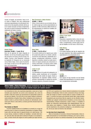 mundo, en España –de momento– tiene un úni-           Men Ceremonia y Moda Hombre
co centro en Madrid. Pero esta multinacional          30.000 € / 100 m2
americana especializada en la estimulación tem-       Entrar a formar parte de una red dentro del sec-
prana de los más pequeños pretende abrirse pa-        tor retail es algo que muchos emprendedores se
so en nuestro mercado con líneas complementa-         plantean. En Men Ceremonia y Moda Hombre es-
rias como la venta de productos importados y la       tán especializados en sastrería de caballero clá-
celebración de fiestas y eventos.                     sica y de ceremonia.


                                                                                                            Ambar I Love 19,95
                                                                                                            30.000 € / –
                                                                                                            Dispuestos a expandirse dentro y fuera de nues-
                                                                                                            tras fronteras esta cadena de boutiques vende
                                                                                                            moda y complementos a precios aptos para to-
                                                                                                            dos los bolsillos: de 9,95 euros a 39,95 euros.

                                                                                                            Hello Money
Halcón Viajes                                         Natur Body                                            24.000 € / 30 m2
Inversión: 24.000 € / Local: 35 m2                    31.900 € / de 40 a 60 m2                              En la actual coyuntura este tipo de negocios vive
Esta red de agencias de viajes integrada en           Si se siente atraído por los negocios que cuidan      una gran proyección. Esta cadena apuesta por la
Globalia –uno de los principales grupos dedica-       de la salud esta puede ser su enseña. Laborato-       especialización en la compraventa de oro.
dos al turismo con firmas como Air Europa, Tra-       rios Bio-Dis como fabricante y distribuidor de vi-
velplan, Touring o Club Pepeworld– comienza           taminas, complementos alimenticios, nutrición
su expansión en franquicia con su reconocida          deportiva y cosmética natural ha creado esta di-
marca Halcón Viajes. Como carta de presenta-          visión de negocio pensado para ubicaciones en
ción tienen el éxito de sus 829 agencias pro-         centros comerciales o en local de centro ciudad
pias y 49 franquiciadas.                              en poblaciones a partir de 50.000 habitantes.

                                                      Looks & Look
                                                      31.500 € / -
                                                      Los interesados en el mundo de la peluquería y la
                                                      estética pueden beneficiarse de la innovadora         In-Vitta
                                                      propuesta de este modelo de negocio. Desde su         26.000 € / –
                                                      Departamento de Expansión facilitan técnicas,         Este negocio de baja inversión con dos tiendas
                                                      procesos y herramientas en materias de recursos       propias está especializado en la venta de vitami-
                                                      humanos, selección y formación de personal.           nas y complementos nutricionales.


Alicia Vañó y Dana Knowles, socias fundadoras de Taste of America
“Las nuevas aperturas reflejan un interés mayor por nuestro sector”
Los momentos de crisis y las coyunturas especiales a veces son un buen             do 2010 con la apertura de su tercera tienda de productos en la avenida
momento para emprender una carrera como empresario, tal y como les                 Olímpica de Alcobendas, frente al centro comercial de Arroyo de la Vega.
sucedió a estas dos mujeres que aprovecharon la oportunidad cuando se              Estas dos amigas no tuvieron muchas dudas en cuanto al modelo de ne-
les pasó por delante. A raíz del cierre de las bases militares norteameri-         gocio: “Lo primero fue pensar qué productos hacían falta y luego localizar
canas existentes en España, Dana y Alicia, fundadoras de la empresa, de-           proveedores para esa primera lista de urgencia con los artículos impres-
cidieron montar su primera tienda de productos de alimentación ameri-              cindibles que cualquier norteamericano necesitaría y con las marcas más
canos para ofrecer a esta colonia y curiosos gourmets artículos típicos de         representativas. Después empezamos a asistir a ferias y a completar el
estos países.                                                                      surtido con referencias internacionales tanto estadounidenses como de
                                                                                   otros países como Inglaterra o Canadá. Ahora, también estamos dando
Tres tiendas en Madrid                                                             mucha importancia a los productos ecológicos y a los alimentos sin glu-
    El primer establecimiento en la Castellana se convierte en un lugar de         ten, de los que cada vez tenemos más demanda”.
referencia para la compra de productos provenientes de Estados Unidos.
Cuatro años más tarde abren la segunda tienda en la calle Serrano, 149;            Lo más duro fue la importación
al poco tiempo, vendieron el edificio de Castellana –cerrando dicha tien-              Alicia es licenciada en Economía y Ciencias Empresariales y Dana es-
da– para dos años más tarde abrir la tienda de Pozuelo, en la avenida Eu-          tudió Comunicación en la Universidad de Arkansas, por lo que su forma-
ropa. La buena marcha del negocio ha hecho posible que hayan termina-              ción las guió con éxito en su aventura empresarial. Su único escollo fue el


36                                                                                                                                           ENERO 2011 • Nº 168
 