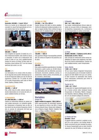 Udon                                                La Cueva de 1900                                      U-Republic
Inversión: 245.000 € / Local: 120 m2                232.000 € / de 170 a 200 m2                           900 €/m2 / 200 a 500 m2
Entre en el sector de la restauración con este      Cuando Cárnicas Zurit abrió su primer estableci-      Sus locales multidisciplinares ofrecen salas pri-
concepto de casual food especializado en la co-     mientos de restauración andaluza pensaba en am-       vadas con una gran oferta en videojuegos, even-
cina asiática típica de los noodle bar.             pliar su negocio familiar. Ahora continúa la saga y   tos deportivos, campeonatos, etc, y comienzan a
                                                    pretende abrir 25 establecimientos en cinco años.     buscar franquiciados en centros comerciales.




Brasa y Leña
400.000 € / 300 m2                                  Les Ptits Bilingues                                   La Pinta
Con el objetivo de expandir el modelo de un ro-     150.000 € / 300 m2                                    30.000 a 200.000 € / Cafetería: de 50 a 90 m2.
dicio tradicional brasileño. Esta enseña se lanza   Esta guardería bilingüe francoespañola pretende       Restaurante: de 90 a 150 m2
a conquistar el sector de la restauración tras      abrir 30 centros en España en los próximos cua-       Este concepto de restauración ofrece varias mo-
probar el éxito en sus cinco establecimientos       tro años.                                             dalidades de negocio para adaptarse a los bolsi-
propios de carnes a la brasa. Ya tiene siete res-                                                         llos de los futuros emprendedores. Cuentan con
taurantes y prevé estrenar 2011 con tres nuevas     Bricoking                                             siete establecimientos, cuatro franquiciados.
aperturas que sumar a su red.                       500.000 € / –
                                                    Esta cadena española especializada en bricolaje,      Señor. Martín
Cex                                                 decoración y jardín cuenta con 20.000 referen-        1.500 €/m2 / 140 m2
240.000 € / –                                       cias distribuidas entre las diferentes secciones:     Tal vez nunca hubiera imaginado franquiciarse
Los interesados en la compra venta de produc-       iluminación, decoración, sanitarios, cocinas, re-     con una pescadería, pero el innovador modelo de
tos de segunda mano pueden interesarse por es-      vestimientos, madera, pintura, herramientas, jar-     negocio de Señor Martín hará que se lo piense.
ta red de franquicias inglesa con casi 20 años de   dín, ferretería y electricidad.                       Si tiene vocación de autoempleo esta enseña
experiencia. Cuentan con 114 puntos de venta                                                              ofrece interesantes condiciones para entrar al
(57 de ellos franquiciados) sobre todo en Reino                                                           sector gastronómico.
Unido, España y Estados Unidos.
                                                                                                          Touche de Lis
Ingredients:Cafe                                                                                          1.000 €/m2 / 30 m2
160.000 € / +80 m2                                                                                        Si desea abrir un negocio textil basado en la mo-
Este coffee shop de estilo colonial vende pro-                                                            da a buenos precios estas boutiques buscan
ductos relacionados con el mundo del café y re-                                                           franquiciados en Barcelona, Madrid, Zaragoza,
quiere establecimientos con terraza.                                                                      San Sebastián, Valencia y Málaga. Además cuen-
                                                                                                          tan con una división ecológica de productos.
La Alpargatería                                     Variables
471.000-556.200 € / +280 m2                         Simply City
Cadena de restaurantes italianos de calidad con     Según modelo de negocio / 500-2.500 m2
una cuidada decoración y un ambiente agrada-        Estos supermercados de proximidad requieren
ble. Comenzaron a franquiciar hace un año, ya       de una superficie en torno a los 600 m2 donde
han abierto las dos primeras franquicias y tienen   ofrecen producto fresco. Desean abrir delegacio-
otra en proceso de adecuación del local que         nes en Navarra, Aragón, Madrid, Cataluña, País
inaugurarán en unos meses.                          Vasco, La Rioja y Castilla-La Mancha.


                                                                                                          La Tienda del Toro
                                                                                                          Variable / 70 m2
                                                                                                          El gigante Osborne comienza a explotar la ima-
                                                                                                          gen de su toro gracias a sus tiendas donde el
                                                                                                          cliente encontrará una gran variedad de produc-
                                                                                                          to. Buscan franquiciados para un plan inicial de
                                                                                                          expansión de unas 50 tiendas en nuestro país.


40                                                                                                                                        ENERO 2011 • Nº 168
 