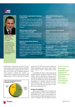 Xavier Altarriba, responsable de Franquicias           Guillem Bosch, director general de
                                 de Mister Minit                                        Vistaóptica
                                 “Los últimos acontecimientos del sector banca-         “Sinceramente, no tenemos expectativas de que
                                 rio, unido a las altas cotas de déficit público, han   el consumo mejore, y trabajamos pensando que
                                 de ralentizar algunos meses la recuperación que        el escenario actual se mantendrá. Puede que ha-
                                 habíamos previsto para el segundo semestre de          ya un repunte durante julio y agosto debido al tu-
                                 2011. Además, es posible que el paro siga au-          rismo pero no vemos que se vaya a consolidar
                                 mentando”.                                             una mejora en 2011”.

                                 Miguel Escudero, director general                      Carlos Parra, director de Franquicias
                                 de Asfa21 Servicios Sociales                           de LDC
                                 “El consumo seguirá igual durante todo el año,         “No es que el consumo se active, es que la gente
                                 por tener las empresas muchas necesidad de             cada vez se va habituando a esta situación que
 Antonio de Silóniz,
                                 circulante, y las entidades financieras políticas      de pasajera tiene poco. El que cobra el paro se
 presidente de
                                 muy conservadoras”.                                    amolda y el mileurista se amolda. Y como hay que
 Euro y Compañía y
 DT Detalles                                                                            seguir viviendo, pues vamos dejando de pensar
                                 Alejandro Gómez, director general de                   en ahorrar ya que no se puede, y volvemos a gas-
 “Un consumo menor               Terraminium                                            tar adaptándonos a nuestros ingresos”.
 puede darse pero creo
                                 “Ya en el segundo semestre de 2010 notamos
 que estamos perdiendo
 el miedo y acostum-             un aumento de la demanda de servicios en las           Mercedes Luque, directora de Expansión de
 brándonos a convivir            comunidades, aunque es verdad que ésta viene           CreditServices
 con la crisis y, poco a         después de un periodo de reajustes en los pre-         “El paro sigue creciendo, por lo que obligatoria-
 poco, vamos encontran-          cios de los servicios por parte de nuestros pro-       mente, y a medida que se vayan acabando las
 do oportunidades en ella        veedores –reparaciones, jardineros, porteros, as-      prestaciones por desempleo, el consumo empeora-
 para consumir”.                 censores, seguros…–, lo que les ha hecho más           rá. Por otro lado, la gente desconfía de la estabili-
                                 competitivos”.                                         dad de su trabajo, así que lo que toca es ahorrar”.




prendedores y/o inversores, con un 41,7%, con-             opción para el 13,9% de la muestra, siendo un           El 41,7% de las
tinúa siendo la opción más repetida, por delan-            objetivo prioritario para marcas como Natur-
                                                                                                                   redes sigue
te del aumento de la facturación de la red ac-             house, Neck & Neck o Maison Decor, entre
tual, con un 26,4%, que no obstante mejora su              otras.                                                  apostando por la
cuota respecto al pasado año –22,8%–. La                       Un peldaño más abajo se sitúa la apertura de        captación de
apuesta por los mercados internacionales pierde            unidades propias, la alternativa del 9,7% de las        candidatos como
adeptos frente a 2010, si bien aún es la mejor             cadenas ante la dificultad de firmar nuevos             el principal
                                                           acuerdos de franquicia, mientras el 6,9% opina
                                                           que será la aparición de nuevas oportunidades
                                                                                                                   motor para el
 ¿Cómo cree que evolucionará el ritmo                      inmobiliarias el verdadero motor de su creci-           crecimiento de
 de aperturas en 2011?
                                                           miento durante el año. Las fusiones y las com-          sus cadenas.
                                                           pras, muy recurrentes hace unos años, se que-
     Igual o                                               dan con un testimonial 1,4%.
     similar      41,9%                   Mejorará
                                          respecto
                               58,1%        a 2010         En busca de candidatos
                                                              Parece que la franquicia ha terminado por
                                                           aceptar que Internet es hoy en día un aliado im-
                                                           prescindible para su éxito. Así lo refleja el he-
                                                           cho de que sean las webs corporativas de las en-
                                                           señas el principal canal de captación para la

48                                                                                                                            ENERO 2011 • Nº 168
 