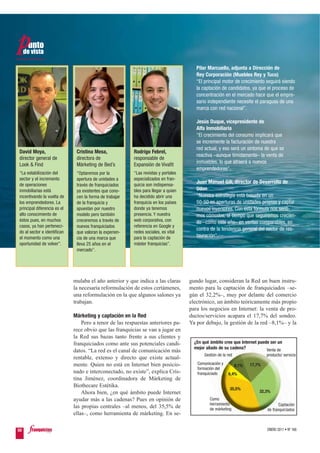 Pilar Marcuello, adjunta a Dirección de
                                                                                       Rey Corporación (Muebles Rey y Tuco)
                                                                                       “El principal motor de crecimiento seguirá siendo
                                                                                       la captación de candidatos, ya que el proceso de
                                                                                       concentración en el mercado hace que el empre-
                                                                                       sario independiente necesite el paraguas de una
                                                                                       marca con red nacional”.

                                                                                       Jesús Duque, vicepresidente de
                                                                                       Alfa Inmobiliaria
                                                                                       “El crecimiento del consumo implicará que
                                                                                       se incremente la facturación de nuestra
                                                                                       red actual, y eso será un síntoma de que se
David Moya,                   Cristina Mesa,             Rodrigo Febrel,
                                                                                       reactiva –aunque tímidamente– la venta de
director general de           directora de               responsable de
                                                                                       inmuebles, lo que atraerá a nuevos
Look & Find                   Márketing de Bed’s         Expansión de Vivafit
                                                                                       emprendedores”.
“La estabilización del        “Optaremos por la          “Las revistas y portales
sector y el incremento        apertura de unidades a     especializados en fran-
de operaciones                                           quicia son indispensa-
                                                                                       Juan Manuel Gili, director de Desarrollo de
                              través de franquiciados
inmobiliarias está            ya existentes que cono-    bles para llegar a quien      Udon
incentivando la vuelta de     cen la forma de trabajar   ha decidido abrir una         “Nuestra estrategia está basada en un
los emprendedores. La         de la franquicia y         franquicia en los países      50-50 en aperturas de unidades propias y captar
principal diferencia es el    apuestan por nuestro       donde ya tenemos              nuevos inversores. Con esta fórmula nos senti-
alto conocimiento de          modelo pero también        presencia. Y nuestra          mos cómodos, al tiempo que seguiremos crecien-
éstos pues, en muchos         creceremos a través de     web corporativa, con          do –como este año– en ventas comparables, en
casos, ya han perteneci-      nuevos franquiciados       referencia en Google y
                                                                                       contra de la tendencia general del sector de res-
do al sector e identifican    que valoran la experien-   redes sociales, es vital
el momento como una           cia de una marca que       para la captación de          tauración”.
oportunidad de volver”.       lleva 25 años en el        máster franquicias”.
                              mercado”.




                             mulaba el año anterior y que indica a las claras       gundo lugar, consideran la Red un buen instru-
                             la necesaria reformulación de estos certámenes,        mento para la captación de franquiciados –se-
                             una reformulación en la que algunos salones ya         gún el 32,2%–, muy por delante del comercio
                             trabajan.                                              electrónico, un ámbito teóricamente más propio
                                                                                    para los negocios en Internet: la venta de pro-
                             Márketing y captación en la Red                        ductos/servicios acapara el 17,7% del sondeo.
                                 Pero a tenor de las respuestas anteriores pa-      Ya por debajo, la gestión de la red –8,1%– y la
                             rece obvio que las franquicias se van a jugar en
                             la Red sus bazas tanto frente a sus clientes y
                             franquiciados como ante sus potenciales candi-           ¿En qué ámbito cree que Internet puede ser un
                                                                                      mejor aliado de su cadena?           Venta de
                             datos. “La red es el canal de comunicación más
                                                                                           Gestión de la red                  producto/ servicio
                             rentable, extenso y directo que existe actual-
                             mente. Quien no está en Internet bien posicio-            Comunicación y          8,1%   17,7%
                                                                                       formación del
                             nado e interconectado, no existe”, explica Cris-          franquiciado      6,4%
                             tina Jiménez, coordinadora de Márketing de
                             Biothecare Estétika.
                                                                                                          35,5%
                                 Ahora bien, ¿en qué ámbito puede Internet                                                32,3%
                             ayudar más a las cadenas? Pues en opinión de                     Como
                                                                                              herramienta                            Captación
                             las propias centrales –al menos, del 35,5% de                    de márketing                    de franquiciados
                             ellas–, como herramienta de márketing. En se-

50                                                                                                                            ENERO 2011 • Nº 168
 