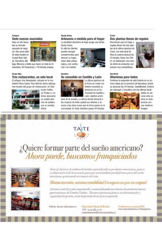 Fotoprix                                            Kendy Home                                          Crack
Siete nuevos asociados                              Artesanía a medida para el hogar                    Dos plantas llenas de regalos
Hace un año lanza-                                  La localidad alicantina de Aspe acoge una tienda    Decoración para el hogar y
ban su formato                                      Kendy Home.                                         regalos llenan las dos plan-
asociado de nego-                                   En ella los clientes                                tas de la última apertura de
cio. Hoy suma siete                                 pueden escoger                                      Crack, con este local de
de estos locales en                                 complementos para                                   Reus la cadena alcanza las
Ciudad Real, Tole-                                  decorar su hogar,                                   23 tiendas. Sobre sus 500
do, Barcelona, Má-                                  todos ellos artesa-                                 m2 se distribuyen una varia-
laga, Menorca y Avilés que hacen un total de 42     nales y con confec-                                 da oferta de productos con
asociados, 84 franquicias y 159 tiendas propias.    ción a la medida.                                   precios muy competitivos.

Grupo Vips                                          Dandara                                             Servifruit
Tres restaurantes, un solo local                    Se consolida en Castilla y León                     Vitaminas para todos
El antiguo cine Novedades, ubicado en la ma-                                   La última apertura de    Continúa la expansión de esta frutería en su pri-
drileña Plaza Carlos Trias Bertrán ahora alberga                               la firma de moda ma-     mera etapa por la provincia de Barcelona, donde
tres locales del grupo de restauración. Un Star-                               drileña consolida su     ya alcanzan las 24 tiendas. Castellbisbal, Corbera
                                 bucks Coffee,                                 presencia en la Co-      de Llobregat y Granollers son las últimas locali-
                                 un Friday´s y un                              munidad de Castilla y                                       dades en ubi-
                                 Ginos abarcarán                               León, objetivo priori-                                      carse esta ca-
                                 un amplio aba-     tario de la enseña. La última tienda ofrecerá a                                        dena en auto-
                                 nico de público    las mujeres de Ávila capital sus diseños y se                                          servicio con
                                 con su variada     suma a las otras nueve que la firma posee en la                                        una moderna
                                 oferta.            comunidad. En total, Dandara posee 49 tiendas.                                         imagen.
 