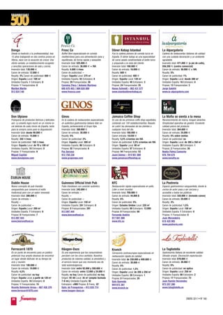 Donga                                           Fresc Co                                      Döner Kebap Istanbul                           La Alpargatería
Desde la tradición y la profesionalidad, tras   Buffet libre especializado en comida          Fue la cadena pionera de comida turca en       Cadena de restaurantes italianos de calidad
15 años trabajando en dos centros proios en     mediterránea para una alimentación sana y     España. El döner kebap es una especialidad     con una cuidada decoración y un ambiente
Vitoria, nace con la vocación de crecer. Una    equilibrada, de forma rápida y asequible.     de carne asada condimentada al estilo turco    agradable.
oferta variada, un establecimiento acogedor     Inversión total: 525.000 €                    y preparada a la vista del cliente.            Inversión total: 471.000 € (a pie de calle),
y sencillas operaciones de sala y cocina.       Canon de entrada: 36.000 € + IVA              Inversión total: 166.000 €                     556.200 € (centro comercial)
Inversión total: 135.000 €                      Royalty: 4.000 €/mes                          Canon de entrada: 16.000 €                     Canon de entrada: 36.000 € + IVA
Canon de entrada: 12.000 €                      Canon de publicidad: –                        Royalty: 600 €                                 Royalty: 5%
Royalty: 3% Canon de publicidad: 600 €          Origen: España Local: 275 m2                  Canon de publicidad: 400 €                     Canon de publicidad: 1%
Origen: España Local: 100 m2                    Unidades España: 55 Extranjero: 8             Origen: España Local: 120 m2                   Origen: España Local: desde 280 m2
Unidades España: 1 Extranjero: 0                Propias: 29 Franquiciadas: 26                 Unidades España: 49 Extranjero: 3              Unidades España: 16 Extranjero: 0
Propias: 1 Franquiciadas: 0                     Carmina Piera / Antonio Martínez              Propias: 24 Franquiciadas: 25                  Propias: 13 Franquiciadas: 3
Maribel Martín                                  695 670 403 / 669 828 089                     Hasso Schmidt – 902 431 577                    Jorge Galofré
913 834 140                                     www.frescco.com                               www.istanbuldonerkebap.es                      www.la-alpargateria.com




Don Ulpiano                                     Ginos                                         Jamaica Coffee Shop                            La Mafia se sienta a la mesa
Franquicia de productos ibéricos y delicates-   Es la cadena de restaurantes especializada    Es uno de los primeros coffe shop españoles,   Reconocimiento de marca, imagen atractiva.
sen. La enseña logra reunir en un mismo lo-     en auténtica gastronomía italiana líder en    contando con 100 establecimientos. Basado      Simplicidad operativa de gestión. Excelente
cal delicias de cada rincón de España, tanto    España, perteneciente al Grupo Vips.          en cubrir las demandas de los clientes a       calidad-precio del producto.
para la compra como para la degustación.        Inversión total: 390.000 €                    cualquier hora del día.                        Inversión total: 364.000 €
Inversión total: desde 90.000 €                 Canon de entrada: 30.000 €                    Inversión total: 180.000 €                     Canon de entrada: 24.000 €
Canon de entrada: 15.000 €                      Royalty: 5%                                   Canon entrada: 18.030 €                        Royalty: 5% sobre ventas
Royalty: 350 €/mes                              Canon de publicidad: 2%                       Royalty: 5,5% s/ventas sin IVA                 Canon de publicidad: no
Canon de publicidad: 150 €/mes                  Origen: España Local: 300 m2                  Canon de publicidad: 2,5% s/ventas sin IVA     Origen: España Local: de 300 a 350 m2
Origen: España Local: de 70 a 100 m2            Unidades España: 98 Extranjero: 0             Origen: España Local: 80 m2                    Unidades España: 28 Extranjero: 1
Unidades España: 10 Extranjero: 0               Propias: 92 Franquiciadas: 6                  Unidades España: 97 Extranjero: 0              Propias: 2 Franquiciadas: 26
Propias: 1 Franquiciadas: 9                     Paz Serrano                                   Propias: 44 Franquiciadas: 53                  Noelia Palma Camacho
Miguel Capitán                                  912 758 230                                   Juani Gómez – 914 951 000                      976 794 675
www.donulpiano.com                              www.grupovips.com                             www.jamaicacoffeeshop.es                       www.lamafia.es




Dublin House                                    Guinness Official Irish Pub                   KFC                                            La Postrería
Nuevo concepto de pub irlandés                  Pubs irlandeses con carácter auténtico.       Restauración rápida especializada en pollo.    Espacio gastronómico vanguardista, donde la
vanguardista que conserva el estilo             Inversión total: 245.000 €                    Líder a nivel mundial.                         cocina de autor pasa a ser cercana y
tradicional pero con un sabor renovado.         Canon de entrada: –                           Inversión total: 700.000 €                     accesible a todos los públicos.
Inversión total: 280.000 €                      Royalty: –                                    Canon de entrada: 44.800 $                     Inversión total: 320.000 € (incluido canon)
Canon de entrada: –                             Canon de publicidad: –                        Royalty: 6%                                    Canon de entrada: 20.000 €
Royalty: –                                      Origen: España Local: 150 m2                  Canon de publicidad: 5%                        Royalty: 3%
Canon de publicidad: –                          Unidades España: 291 Extranjero: 0            Origen: Estados Unidos Local: 220 m2           Canon de publicidad: 1,5%
Origen: España Local: 200 m2                    Propias: 0 Franquiciadas: 291                 Unidades España: 69 Extranjero: 12.000         Origen: España Local: 150 m2
Unidades España: 7 Extranjero: 0                913 097 444                                   Propias: 0 Franquiciadas: 69                   Unidades España: 1 Extranjero: 0
Propias: 0 Franquiciadas: 7                     www.beerandfood.es                            Fernando Andrés                                Propias: 1 Franquiciadas: 0
913 097 444                                                                                   917 681 080                                    Juan Morandeira
www.beerandfood.es                                                                            www.kfc.es                                     619 420 905
                                                                                                                                             www.postreria.com




Ferrocarril 1870                                Häagen-Dazs                                   Krunch                                         La Tagliatella
Es un punto de encuentro para un público        Es una experiencia que los consumidores       Cervecería centroeuropea especializada en      Gastronomía italiana de excelente calidad.
potencial muy amplio deseoso de encontrar       perciben con los cinco sentidos. Nuestros     restauración rápida de calidad.                Obrador propio. Decoración espectacular.
un lugar donde disfrutar de su tiempo de        productos de máxima calidad, la atmósfera y   Inversión total: de 330.000 a 400.000 €        Inversión total: 678.060 €
ocio y reunión.                                 el servicio hacen que ese momento sea de      Canon de entrada: 30.000 €                     Canon de entrada: 36.060 €
Inversión total: 180.000 €                      total autoindulgencia.                        Royalty: 5%                                    Royalty: 6%
Canon de entrada: 10.000 €                      Inversión total: entre 92.000 y 200.000 €     Canon de publicidad: 1,5%                      Canon de publicidad: no aplica
Royalty: 4,5%                                   Canon de entrada: entre 12.000 y 24.000 €     Origen: España Local: de 200 a 250 m2          Origen: España Local: 250 m2
Canon de publicidad: no hay                     Royalty: no hay Canon de publicidad: no hay   Unidades España: 29 Extranjero: 1              Unidades España: 88 Extranjero: 2
Origen: España Local: a partir de 120 m2        Origen: EE UU Local: 35 m2 (amplia fachada    Propias: 0 Franquiciadas: 29                   Propias: 17 Franquiciadas: 73
Unidades España: 16 Extranjero: 0               7-8 mt.) Unidades España: 92                  Goio Quevedo                                   Juan Ramón Hernández
Propias: 1 Franquiciadas: 15                    Extranjero: +900 Propias: 5 Franq.: 87        944 672 361                                    973 257 280
Vicente Belmonte Arnau – 667 436 376            Dpto. de Franquicias – 913 835 714            www.krunch.es                                  www.latagliatella.es
www.ferrocarril1870.com                         www.haagen-dazs.es


86                                                                                                                                                                   ENERO 2011 • Nº 168
 