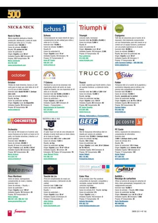 Neck & Neck                                     Schuss                                            Triumph                                       Copigama
Marca española dedicada al diseño,              Comercialización de moda infantil de ropa y       Lencería, baño, homewear.                     Todo tipo de soluciones para el sector de la
producción, distribución y venta de moda        complementos de alta calidad para niños y         Inversión total: de 25.000 a 35.000 €         impresión. Está totalmente comprometida
infantil para niños de 0 a 14 años.             niñas de 0 a 16 años.                             Canon de entrada: 5.000 €                     con sus franquiciados, para ello cuenta en su
Inversión total: 100.000 €                      Inversión total: 70.000 €                         Royalty: 0                                    central con un equipo humano y profesional
Canon de entrada: 25.000 €                      Canon de entrada: 12.000 €                        Canon de publicidad: 0                        con una amplia experiencia en el sector.
Royalty: 2% ventas sin IVA                      Royalty: 0                                        Origen: Alemania Local: 45 m2                 Inversión total: 30.000 €
Canon de publicidad: –                          Canon de publicidad: 0                            Unidades España: 15 Extranjero: 2.289         Canon de entrada: 29.900 €
Origen: España Local: 60 m2                     Origen: España Local: 75 m2                       Propias: 3 Franquiciadas: 12                  Royalty: no Canon de publicidad: no
Unidades España: 202 Extranjero: 41             Unidades España: 13 Extranjero: 12                Pau Lumbreras                                 Origen: España Local: 50 m2
Propias: 123 Franquiciadas: 79                  Propias: 11 Franquiciadas: 2                      913 045 200                                   Unidades España: 41 Extranjero: 1
María Zamácola                                  Anna Mª Pastor                                    www.triumph.com                               Propias: 1 Franquiciadas: 40
916 781 830                                     938 281 120                                                                                     Julia Caravaca Gallego – 926 588 383
www.neckandneck.com                             www.schuss.es                                                                                   www.copigama.es




October                                         7 Colores                                         Trucco                                        Folder
Tendas de moda femenina. Somos un refe-         Fabrilpunt es una de las empresas más             La moda española que triunfa dentro y fuera   Franquicia líder en el sector de la papelería y
rente para la mujer que viste tallas de la 40   importantes dentro del sector de moda             de nuestras fronteras. La distinción hecha    suministros integrales para la oficina a los
a la 54 con un estilo moderno.                  infantil en España, con una trayectoria de 50     marca.                                        precios más competitivos del mercado.
Inversión total: desde 90.000 € (incluye        años en el mercado.                               Inversión total: de 1.000 a 1.200 €/m2        Inversión total: 97.000 €
obra civil)                                     Inversión total: de 18.000 a 20.000 €             Canon de entrada: 12.000 €                    Canon de entrada: 12.000 €
Canon de entrada: 20.000 €                      Canon de entrada: no hay Royalty: –               Royalty: no hay                               Royalty: asumido por la central
Royalty: no hay                                 Canon de publicidad: –                            Canon de publicidad: no hay                   Canon de publicidad: no hay
Canon de publicidad: no hay                     Origen: España Local: 80 m2                       Origen: España Local: 120 m2                  Origen: España Local: de 70 a 100 m2
Origen: España Local: no disponible             Unidades España: 207 Extranjero: 0                Unidades España: 85 Extranjero: 60            Unidades España: 86 Extranjero: 0
Unidades España: 78 Extranjero: 0               Propias: – Franquiciadas: –                       Propias: 40 Franquiciadas: 45                 Propias: 10 Franquiciadas: 76
Propias: 9 Franquiciadas: 69                    Departamento de Expansión                         Mª Jesús Ciruelos                             Carmen Valero
www.october.es                                  937 576 997                                       914 844 400                                   916 448 192
                                                www.7colores.com                                  www.trucco.es                                 www.folder.es

                                                                                                  Oficina, Informática y Consumibles




Orchestra                                       Titto Bluni                                       Beep                                          PC Coste
Con más de 300 locales en el exterior, esta     El saber hacer de más de cinco décadas de-        Red de franquicias informáticas líder en      Venta y reparación de ordenadores y
marca francesa se ha hecho un hueco en Es-      dicadas al sector textil para un rótulo clásico   España por número de unidades.                componentes de informática.
paña, con tiendas atractivas y diseños a un     de la moda en España.                             Inversión total: 22.000 € (incluye stock)     Inversión total:
precio ajustado.                                Inversión total: 601 €/m2 + obra civil            Canon de entrada: no hay                      7.000 € (incluye stock y aval)
Inversión total: 100.000 €                      Canon de entrada: 7.500 €                         Royalty: 160 €/mes                            Canon de entrada: 0 €
Canon de entrada: 20.000 €                      Royalty: no hay                                   Canon de publicidad: no                       Royalty: 3%
Royalty: 0 Canon de publicidad: 0               Canon de publicidad: no hay                       Origen: España Local: mín. 30 m2 (idóneo      Canon de publicidad: 125 €/mes
Origen: Francia Local: de 90 a 120 m2           Origen: España Local: 70 m2-125 m2                de 70-100 m2)                                 Origen: España Local: mínimo 30 m2
Unidades España: 63 Extranjero: +400            Unidades España: 83 córners: 30                   Unidades España: 412 Extranjero: 0            Unidades España: 130 Extranjero: 0
Propias: 33 Franquiciadas: 30                   Extranjero: 10 Propias: 5 Franquiciadas: 78       Propias: 12 Franquiciadas: 400                Propias: 1 Franquiciadas: 129
María Araluce                                   Juan Manuel Pernia                                Xavier Robert                                 Xavier Robert
915 228 719                                     916 398 144                                       902 116 962                                   977 309 103
www.orchestra.fr                                www.tittobluni.es                                 franquicias.beep.es                           www.pccoste.com




Paco Martínez                                   Touché de Lis                                     Color Plus                                    Refill24 -
Venta de bolsos, marroquinería,                 Firma de complementos de moda con                 En las tiendas Color Plus venderás            Recarga de cartuchos
complementos de moda y maletas.                 diseños exclusivos y fabricación de alta          consumibles de impresión, compatibles y       Ofrece un servicio de recarga de cartuchos de
Inversión total: –                              calidad.                                          reciclados, aunque también tendrás            tinta y tóner personalizado, transparente y tec-
Canon de entrada: – Royalty: –                  Inversión total: 1.000 €/m2                       cartuchos originales.                         nológicamente avanzado.
Canon de publicidad: –                          Canon de entrada: 3.000 €                         Inversión total: 44.800 €                     Inversión total: 10.000 €
Origen: España Local: 100 m2                    Royalty: –                                        Canon de entrada: 0 € Royalty: no hay         Canon de entrada: – Royalty: 200 €/mes
Unidades España: 76 Extranjero: 20              Canon de publicidad: –                            Canon de publicidad: 5%                       Canon de publicidad: no hay
Propias: 72 Franquiciadas: 4                    Origen: España Local: 30 m2                       Origen: España Local: –                       Origen: Alemania Local: de 25 a 30 m2
Elena Gallego                                   Unidades España: 3 Extranjero: 0                  Unidades España: 15 Extranjero: 0             Unidades España: 35 Extranjero: 1.000
966 457 129 / 966 457 129                       Propias: 1 Franquiciadas: 2                       Propias: 1 Franquiciadas: 14                  Propias: 3 Franquiciadas: 30
www.pacomartinez.com                            Julia Entizne                                     Antonio Hernández                             Karin Nordhausen
                                                938 932 677                                       976 352 733                                   963 699 044
                                                www.touchedelis.com                               www.tiendascolorplus.com                      www.refill24.es


 90                                                                                                                                                                       ENERO 2011 • Nº 168
 