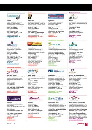 Agencias                                                                                        Servicios Asistenciales




TuToner                                       Coffee News                                      Signarama                                      Asfa 21
Empresa franquiciadora de Castellón           Publicación semanal distribuida en restau-       La mayor franquicia de rotulación y            Servicios sociales, asistencia integral a la fa-
dedicada a la venta y reciclaje de            rantes, cafeterías, hospitales... La labor del   comunicación visual del mundo.                 milia, y gestión de centros residenciales para
consumibles. Presta un servicio de primera    franquiciado consiste en contratar los espa-     Inversión total: 40.000 €                      mayores.
necesidad para empresas y particulares.       cios destinados a la publicidad.                 Canon de entrada: 37.500 €                     Inversión total: 18.000 €
Inversión total: 24.000 €                     Inversión total: 4.200 €                         Royalty: 6%                                    Canon de entrada: no hay
Canon de entrada: 6.000 €                     Canon de entrada: 3.600 €                        Canon de publicidad: 0                         Royalty: 350 €
Royalty: no hay                               Royalty: 75 €/semana                             Origen: Estados Unidos Local: 100 m2           Canon de publicidad: 80 €
Canon de publicidad: no hay                   Canon de publicidad: no                          Unidades España: 982 Extranjero: 912           Origen: España Local: 20 m2
Origen: España Local: de 30 a 40 m2           Origen: España Local: no necesita local          Propias: 0 Franquiciadas: 982                  Unidades España: 27 Extranjero: 0
Unidades España: 2 Extranjero: 0              Unidades España: 25 Extranjero: 1.100            Julieta de Miguel                              Propias: 3 Franquiciadas: 24
Propias: 1 Franquiciadas: 1                   Propias: 1 Franquiciadas: 24                     914 490 704                                    Departamento de Expansión
Francisco Baena – 964 051 641                 Julián Antonio Marín – 902 157 423               www.signarama.es                               902 364 155
www.tutoner.es                                www.coffeenews.org                                                                              www.asfa21.com

                                                                                               Salud y Clínicas Odontológicas




Zona Verde Consumibles                        Infolocalia.com                                  Clínicas Caredent                              Auxis
Recogida, reciclaje y distribución de         Tú también serás importante para tu              Grupo de profesionales altamente cualifica-    Servicios de asistencia a domicilio.
cartuchos reciclados para impresoras.         comunidad. Internet, participación, redes        dos con más de 20 años en el sector. Ahora     Inversión total: 25.000 €
Inversión total: 19.600 €                     sociales, comunicación local, información,       también con presencia Internacional.           Canon de entrada: desde 8.000 €
Canon de entrada: 6.000 €                     webs. Baja inversión.                            Inversión total: 160.000 € + obra civil        Royalty: no hay
Royalty: 0                                    Inversión total: 1.500 €                         Canon de entrada: 6.000 € por gabinete         Canon de publicidad: no hay
Canon de publicidad: 100 €/mes                Canon de entrada: 1.500 €                        Royalty: 5%                                    Origen: España Local: desde 25 m2
Origen: España Local: de 25 a 35 m2           Royalty: Desde 250 €                             Canon de publicidad: –                         Unidades España: 4 Extranjero: 0
Unidades España: 1 Extranjero: 0              Canon de publicidad: –                           Origen: – Local: 80 m2                         Propias: 1 Franquiciadas: 3
Propias: 1 Franquiciadas: 0                   Origen: España Local: no necesario               Unidades España: 72 Extranjero: 2              Departamento de expansión
Ismael Gómez                                  Unidades España: 545 Extranjero: 0               Propias: 12 Franquiciadas: 60                  933 254 619
958 135 187                                   Propias: 531 Franquiciadas: 14                   Lorena Mosquera                                www.auxis.es
www.zonaconsumibles.com                       Eva López – 902 955 700                          902 36 74 31
                                              www.infolocalia.com                              www.caredent.com

Publicidad y Promociones




Activ Web Design                              Leader Mobile                                    Maxilodental                                   Edades, Servicios Sociales
Una de las mayores empresas de diseño web     Un original modelo que apuesta por nuevas        Marca nueva y en expansión creada y            Negocios de autoempleo, baja competencia,
en el Reino Unido y estamos lanzando          formas de publicidad a través del teléfono       gestionada por profesionales y que ha          ingresos fijos, alta rentabilidad y crecimiento.
nuestro probado modelo de negocio en          móvil.                                           incorporado las últimas tecnologías para       Negocio en plena expansión.
España.                                       Inversión total: 19.000 €                        beneficio en la atención a los pacientes.      Inversión total: 18.900 €
Inversión total: 9.995 €                      Canon de entrada: 9.000                          Inversión total: 356.000 €                     Canon de entrada: incluido
Canon de entrada: –                           Royalty: –                                       Canon de entrada: 20.880 €                     Royalty: 200 €/mes
Royalty: 199 €/mes                            Canon de publicidad: –                           Royalty: depende de la facturación             Canon de publicidad: no hay
Canon de publicidad: incluido en el royalty   Origen: Italia Local: 30 m2                      Canon de publicidad: incluido en el royalty    Origen: España Local: 30 m2
Origen: Reino Unido Local: no necesario       Unidades España: 22 Extranjero: 150              Origen: España Local: 120 m2                   Unidades España: 51 Extranjero: 0
Unidades España: 3 Extranjero: –              Propias: 1 Franquiciadas: 21                     Unidades España: 4 Extranjero: 0               Propias: 3 Franquiciadas: 48
Propias: 1 Franquiciadas: 2                   Domenico Cassano                                 Propias: 2 Franquiciadas: 2                    Pepe Martínez Rubio
Kevin Grist – 912 979 719                     934 197 854                                      Mercedes Torres – 628 566 474                  902 193 464
www.activwebdesign.es                         www.leadermobile.es                              www.maxilodental.com                           www.edades.org




Bodanova                                      Moments                                          Clínicas Vital Dent                            Home Personal Services HPS
Revista de alta calidad especializada en      Publicidad dinámica.                             Compañía especializada en servicios            Tres negocios: servicios domésticos y aten-
bodas y eventos.                              Inversión total: 14.800 €                        odontológicos integrales de calidad con casi   ción a la 3ª edad, según el tamaño de la po-
Inversión total: Desde 8.000 €/según zona     Canon de entrada: incluido                       20 años de experiencia en el mercado.          blación (HPS o Village) y servicios de enfer-
o provincia                                   Royalty: no hay                                  Inversión total: de 450.000 a 500.000 €        mería (Home Sanitary Attention).
Canon de entrada: –                           Canon de publicidad: no hay                      Canon de entrada: 30.000 € por gabinete        Inversión total: 12.300 € (y 9.700 € Village
Royalty: 350 €/mes (2 primeros años)          Origen: España Local: no necesario               (mínimo 3 gabinetes)                           Franchising) Canon de entrada: 24.000 €
Canon de publicidad: 100 €/mes                Unidades España: 2 Extranjero: 0                 Royalty: 5% Canon de publicidad: 5%            (y 12.000 € Village Franchising)
Origen: España Local: no necesario            Propias: 2 Franquiciadas: 0                      Origen: España Local: 160 m2                   Royalty: 1% facturación (mínimo 350 €)
Unidades España: 1 Extranjero: 0              Isabel Joyera                                    Unidades España: 377 Extranjero: 83            Canon de publicidad: 0,5% (mínimo 150 €)
Propias: 1 Franquiciadas: 0                   977 769 110                                      Propias: 94 Franquiciadas: 283                 Origen: España Local: 40-60 m2 Und. España:
Antonio Sánchez                               www.plataformamoments.com                        Yolanda Copete                                 15 Extranjero: 0 Propias: 3 Franquiciadas: 12
699 903 691                                                                                    913 756 560                                    Cristina Martínez – 902 360 395
www.badanova.es                                                                                www.vitaldent.com                              www.homepersonalservices.com


ENERO 2011 • Nº 168                                                                                                                                                                       91
 