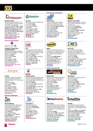 Servicios para el Automóvil




Serhogar System                                    Don Piso                                         Elefante Azul                                  Espacio Lector Nobel
Pionero en el sector de asistencia en el ho-       Enseña de intermediación inmobiliaria líder      Primera red de estaciones de lavado de         Cadena de librerías dedicadas a la venta de
gar marca diferencias, ofreciendo un produc-       en el mercado español.                           vehículos a nivel europeo. Los centros         libros, papelería, audiovisuales. Son centros
to de calidad y éxito garantizada.                 Inversión total: 30.000 €                        operan 24 horas al día, 365 días al año.       de cultura y ocio.
Inversión total: a partir de 20.000 € depen-       Canon de entrada: 12.000 €                       Inversión total: entre 100.000 y 300.000 €     Inversión total: desde 60.000 €
diendo de zona Canon de entrada: a partir          Royalty: 600 €                                   Canon de entrada: 21.100 €                     Canon de entrada: desde 15.500 €
de 15.000 € dependiendo zona Royalty:              Canon de publicidad: no hay                      Royalty: 105 €/pista/mes                       Royalty: 3% facturación
350 €/mes los 5 primeros años Canon de             Origen: España Local: 40 m2                      Canon de publicidad: 0                         Canon de publicidad: 0,60% facturación
publicidad: 150 €/mes los 5 primeros años          Unidades España: 74 Extranjero: 0                Origen: Suiza Local: 600 m2                    Origen: Brasil Local: 50 m2
Origen: España Local: 30 m2                        Propias: 10 Franquiciadas: 64                    Unidades España: 101 Extranjero: 733           Unidades España: 27 Extranjero: 190
Unidades España: 45 Extranjero: 35                 Emiliano Bermúdez                                Propias: 15 Franquiciadas: 86                  Propias: 6 Franquiciadas: 21
Propias: 1 Franquiciadas: 44                       902 360 084                                      Beatriz Vega – 913 834 140                     Patricia Portabales
Francisco Sánchez – 902 232 626                    www.donpiso.com                                  www.elefanteazul.com                           902 412 121
www.serhogarsystem.com                                                                                                                             www.libreriasnobel.es

Servicios Especializados




Arreglaria, reparaciones                           LDC                                              Midas                                          Euro y Cía
y mantenimientos                                   Es la franquicia líder en administración de      Después de 40 años de experiencia y la         Es una cadena de tiendas de hogar,
Negocio de autoempleo, baja competencia,           comunidades. Su modelo de negocio está           apertura de más de 2.600 centros en todo el    decoración, regalo y oportunidades. Se
ingresos fijos, alta rentabilidad y crecimiento.   basado en el ahorro de costes a las comuni-      mundo, Midas se ha consolidado como el         caracteriza por dar facilidades a sus
Negocio en plena expansión.                        dades y los planes de servicios.                 líder mundial en reparación rápida del         franquiciados y por 25 años de experiencia
Inversión total: 6.900 €                           Inversión total: 29.000 €                        automóvil.                                     en el sector franquicia.
Canon de entrada: incluido                         Canon de entrada: 18.000 € Royalty: 8%           Inversión total: 200.000-300.000 €             Inversión total: 30.000 €
Royalty: no hay                                    Canon de publicidad: 1,5%                        Canon de entrada: 25.000 €                     Canon de entrada: 9.000 €
Canon de publicidad: no hay                        Origen: Portugal Local: 40 m2                    Royalty: 5% Canon de publicidad: 5%            Royalty: no hay Canon de publicidad: no hay
Origen: España Local: 30 m2                        Unidades España: 40 Extranjero: 82               Origen: Estados Unidos Local: –                Origen: España Local: de 45 a 50 m2
Unidades España: 6 Extranjero: 0                   Propias: 1 Franquiciadas: 39                     Unidades España: 163 Extranjero: 0             Unidades España: 387 Extranjero: 40
Propias: 3 Franquiciadas: 3                        Carlos Parra – 902 102 101                       Propias: 23 Franquiciadas: 140                 Propias: 1 Franquiciadas: 386
Pepe Martínez Rubio – 902 193 464                  www.ldc.es                                       Javier Alberca                                 Antonio de Silóniz – 917 994 320
www.arreglaria.es                                                                                   www.midas.es                                   www.grupodeeuroycia.com

                                                                                                    Tiendas Especializadas




Ecox4D                                             Re/Max España                                    Bluster Store                                  Hello Money
Especialistas en captación de imágenes y           Es la marca más profesionalizada del sector      Nuevo concepto de establecimiento y tienda,    Compra-venta de oro y objetos usados con
movimientos del bebé en tiempo real a              y ofrece al franquiciado la posibilidad de       dedicado a regalos y complementos con          opción de recuperación.
través de ecografías en 3D y 4D con carácter       crear su propia industria inmobiliaria junto a   cuatro líneas diferentes de producto.          Inversión total: 24.000 €
emocional.                                         agentes independientes.                          Inversión total: 37.800 €                      Canon de entrada: 10.000 €
Inversión total: 80.000 €                          Inversión total: 60.000 €                        Canon de entrada: 6.000 €                      Royalty: 4% sobre compras
Canon de entrada: 18.000 €                         Canon de entrada: 12.000 € Royalty: 6%           Royalty: 390 €                                 Canon de publicidad: 1% sobre compras
Royalty: 300 €                                     Canon de publicidad: 3%                          Canon de publicidad: no hay                    Origen: España Local: 30 m2
Canon de publicidad: 300 €                         Origen: Estados Unidos Local: mín. 70 m2         Origen: España Local: 40 m2                    Unidades España: 3 Extranjero: 0
Origen: España Local: 50 m2                        (recomendado 100 m2)                             Unidades España: 29 Extranjero: 0              Propias: 1 Franquiciadas: 2
Unidades España: 6 Extranjero: 0                   Unidades España: 70 Extranjero: 7.000            Propias: 4 Franquiciadas: 25                   Antonio Campos
Propias: 3 Franquiciadas: 3                        Propias: 0 Franquiciadas: 70                     Javier Benito                                  934 640 455
Elena Rueda – 913 834 140                          José Luis García – 913 571 244                   902 367 430                                    www.hellomoney.es
www.ecox4d.com                                     www.remax.es                                     www.blusterstore.com

Servicios Inmobiliarios




Alfa Inmobiliaria                                  Terraminium                                      Brico Centro                                   Interfilm
Franquicia individual Alfa, autoempleo con         Administración de fincas.                        Líder de franquicias de centros de bricolaje   Es una empresa en primera generación,
mínima inversión, mínimo riesgo. Si no             Inversión total: desde 9.000 €                   presente en el mercado español desde 1998.     joven a pesar de su dilatada experiencia de
encuentras trabajo, trabaja para ti.               Canon de entrada: desde 4.500 €                  Ponemos el mundo del bricolaje al alcance      muchos años en el sector fotográfico (desde
Inversión total: variable según modelo             Royalty: 3%                                      del emprendedor y de los clientes de su pue-   1970).
Canon de entrada: de 0 a 9.000 €                   Canon de publicidad: 2%                          blo o ciudad.                                  Inversión total: 109.000 €, con una opción
Royalty: 200-375 €                                 Origen: España Local: 20 m2                      Inversión total: 450.000 €                     más económica, desde unos 50.000 €
Canon de publicidad: 80 €                          Unidades España: 2 Extranjero: –                 Canon de entrada: 15.000 € Royalty: 600        Canon de entrada: no hay Royalty: no hay
Origen: España Local: no necesario,                Propias: 2 Franquiciadas: 0                      €/mes Canon de publicidad: no hay              Canon de publicidad: no hay
recomendable 40 m2                                 Antonio Martínez                                 Origen: España Local: de 1.200 a 3.000 m2      Origen: España Local: 40 m2
Unidades España: 211 Extranjero: 40                902 106 122                                      Unidades España: 20 Extranjero: 0              Unidades España: 150 Extranjero: 2
Propias: 1 Franquiciadas: 210                      www.terraminium.com                              Propias: 4 Franquiciadas: 16                   Propias: 10 Franquiciadas: 140
Jesús Duque – 915 191 319                                                                           David Navas – 947 256 385                      Emilio Álvarez – 985 514 032
www.alfainmobiliaria.com                                                                            www.atb-bricolajes.com                         www.interfilm.es


 92                                                                                                                                                                         ENERO 2011 • Nº 168
 
