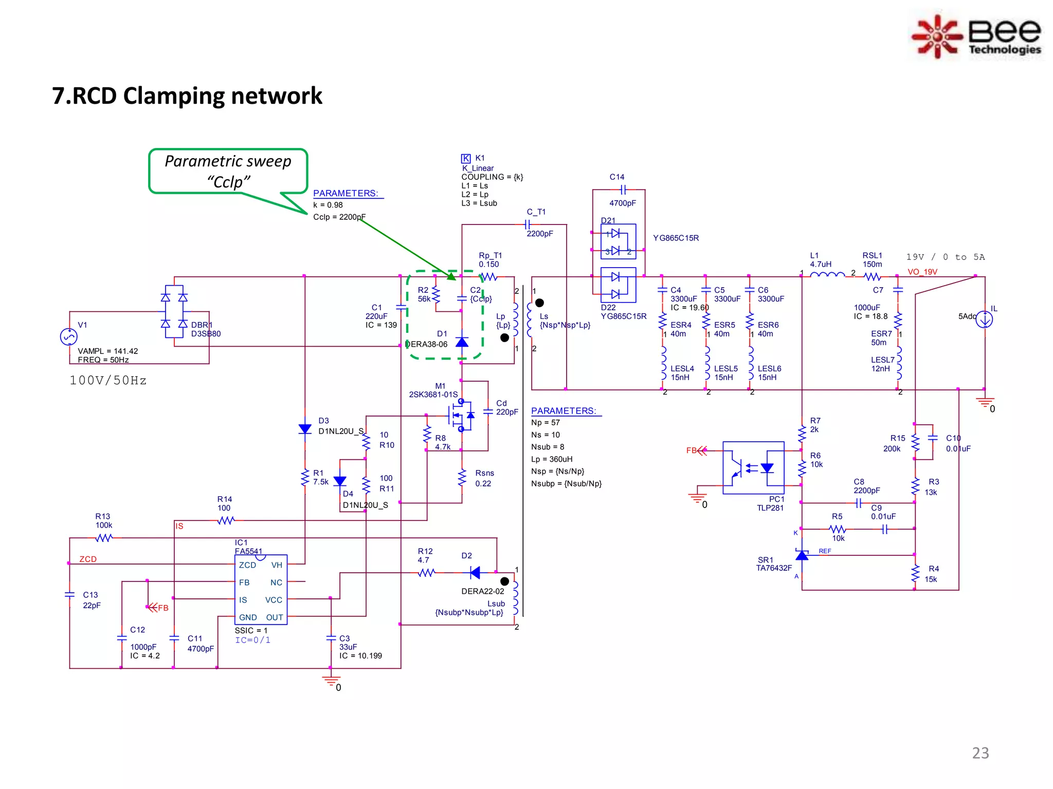 7.RCD Clamping network
IL
5Adc
D1
DERA38-06
D2
DERA22-02
REF
K
A
SR1
TA76432F
D21
YG865C15R1
23
C10
0.01uF
D22
YG865C15RLs
{Nsp*Nsp*Lp}
1
2
L1
4.7uH
1 2 VO_19V
C_T1
2200pF
0
100V/50Hz
C1
220uF
IC = 139
K K1
COUPLING = {k}
K_Linear
L1 = Ls
L2 = Lp
L3 = Lsub
Lsub
{Nsubp*Nsubp*Lp}
1
2
PC1
TLP281
IC1
FA5541
SSIC = 1
ZCD
FB
IS
GND OUT
VCC
NC
VH
R12
4.7
R8
4.7k
R14
100
RSL1
150m
C11
4700pF
C13
22pF
R3
13k
R4
15k
C8
2200pF
C9
0.01uFR5
10k
R6
10k
R7
2k
R1
7.5k
R15
200k
ESR7
50m
IS
FB
R13
100k
0
FB
C3
33uF
IC = 10.199
PARAMETERS:
Np = 57
Ns = 10
Lp = 360uH
Nsub = 8
Nsp = {Ns/Np}
Nsubp = {Nsub/Np}
ZCD
IC=0/1
Cd
220pF
19V / 0 to 5A
Lp
{Lp}
1
2
Rp_T1
0.150
C2
{Cclp}
R2
56k
Rsns
0.22
R10
10
R11
100
0
DBR1
D3SB80
D3
D1NL20U_S
C14
4700pF
D4
D1NL20U_S
M1
2SK3681-01S
LESL7
12nH
1
2
C7
1000uF
IC = 18.8
C12
1000pF
IC = 4.2
C4
3300uF
IC = 19.60
ESR4
40m
LESL4
15nH
1
2
C5
3300uF
ESR5
40m
LESL5
15nH
1
2
C6
3300uF
ESR6
40m
LESL6
15nH
1
2
V1
FREQ = 50Hz
VAMPL = 141.42
PARAMETERS:
k = 0.98
Cclp = 2200pF
Parametric sweep
“Cclp”
23
 
