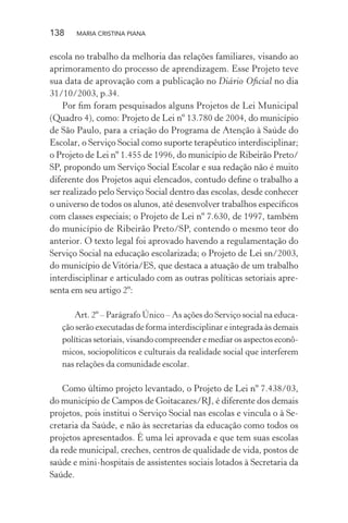 138 MARIA CRISTINA PIANA
escola no trabalho da melhoria das relações familiares, visando ao
aprimoramento do processo de aprendizagem. Esse Projeto teve
sua data de aprovação com a publicação no Diário Oﬁcial no dia
31/10/2003, p.34.
Por ﬁm foram pesquisados alguns Projetos de Lei Municipal
(Quadro 4), como: Projeto de Lei nº 13.780 de 2004, do município
de São Paulo, para a criação do Programa de Atenção à Saúde do
Escolar, o Serviço Social como suporte terapêutico interdisciplinar;
o Projeto de Lei nº 1.455 de 1996, do município de Ribeirão Preto/
SP, propondo um Serviço Social Escolar e sua redação não é muito
diferente dos Projetos aqui elencados, contudo deﬁne o trabalho a
ser realizado pelo Serviço Social dentro das escolas, desde conhecer
o universo de todos os alunos, até desenvolver trabalhos especíﬁcos
com classes especiais; o Projeto de Lei nº 7.630, de 1997, também
do município de Ribeirão Preto/SP, contendo o mesmo teor do
anterior. O texto legal foi aprovado havendo a regulamentação do
Serviço Social na educação escolarizada; o Projeto de Lei sn/2003,
do município de Vitória/ES, que destaca a atuação de um trabalho
interdisciplinar e articulado com as outras políticas setoriais apre-
senta em seu artigo 2º:
Art. 2º – Parágrafo Único – As ações do Serviço social na educa-
ção serão executadas de forma interdisciplinar e integrada às demais
políticas setoriais, visando compreender e mediar os aspectos econô-
micos, sociopolíticos e culturais da realidade social que interferem
nas relações da comunidade escolar.
Como último projeto levantado, o Projeto de Lei nº 7.438/03,
do município de Campos de Goitacazes/RJ, é diferente dos demais
projetos, pois institui o Serviço Social nas escolas e vincula o à Se-
cretaria da Saúde, e não às secretarias da educação como todos os
projetos apresentados. É uma lei aprovada e que tem suas escolas
da rede municipal, creches, centros de qualidade de vida, postos de
saúde e mini-hospitais de assistentes sociais lotados à Secretaria da
Saúde.
 