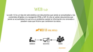 WEB 1.0
La web 1.0 es un tipo de web estática con documentos que jamás se actualizaban y los
contenidos dirigidos a la navegación HTML y GIF. En ella se subían documentos que
jamás se actualizaban lo cual era un problema cuando la información era renovada o
pasaban cosas que hiciera que cambiaran los datos.
 
