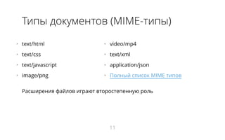 •   text/html
•   text/css
•   text/javascript
•   image/png
•   video/mp4
•   text/xml
•   application/json
•   Полный список MIME типов
Типы документов (MIME-типы)
Расширения файлов играют второстепенную роль
11
 