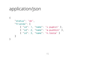 application/json
{
"status": "ok",
"friends": [
{ "id": 1, "name": "v.pupkin" },
{ "id": 2, "name": "a.pushkin" },
{ "id": 3, "name": "n.tesla" }
]
}
15
 