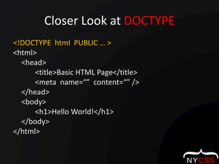 Closer Look at DOCTYPE<!DOCTYPE  html  PUBLIC … ><html>	<head>		<title>Basic HTML Page</title>		<meta  name=“”  content=“” />	</head>	<body>		<h1>Hello World!</h1>	</body></html>