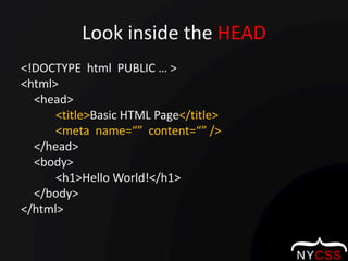 Look inside the HEAD<!DOCTYPE  html  PUBLIC … ><html>	<head><title>Basic HTML Page</title><meta  name=“”  content=“” />	</head>	<body>		<h1>Hello World!</h1>	</body></html>