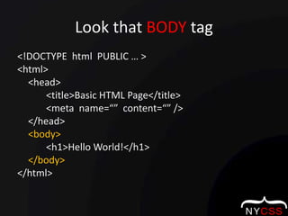 Look that BODY tag<!DOCTYPE  html  PUBLIC … ><html>	<head>		<title>Basic HTML Page</title>		<meta  name=“”  content=“” />	</head>	<body>		<h1>Hello World!</h1>	</body></html>