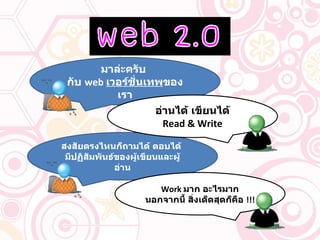 มาล่ะครับ  กับ   web  เวอร์ชั่นเทพ ของเรา สงสัยตรงไหนก็ถามได้ ตอบได้  มีปฏิสัมพันธ์ของผู้เขียนและผู้อ่าน อ่านได้ เขียนได้ Read & Write Work  มาก อะไรมาก นอกจากนี้ สิ่งเด็ดสุดก็คือ  !!! 